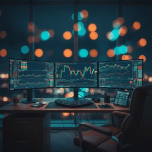 Setup de trading cinematográfico com monitores exibindo gráficos de velas, representando uma simulação de slippage e latência em um ambiente profissional.