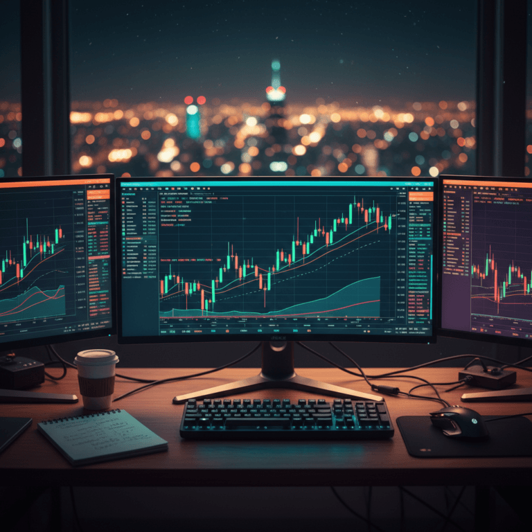 A cinematic view of a professional trading setup with multiple monitors showing financial charts, illustrating the concept of a high system quality number (SQN).