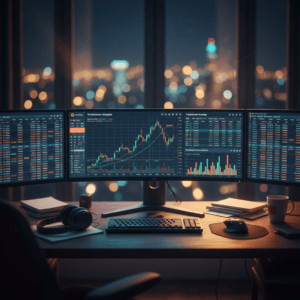 A professional trading desk setup illustrating the concept of the System Quality Number (SQN) with performance charts on display.