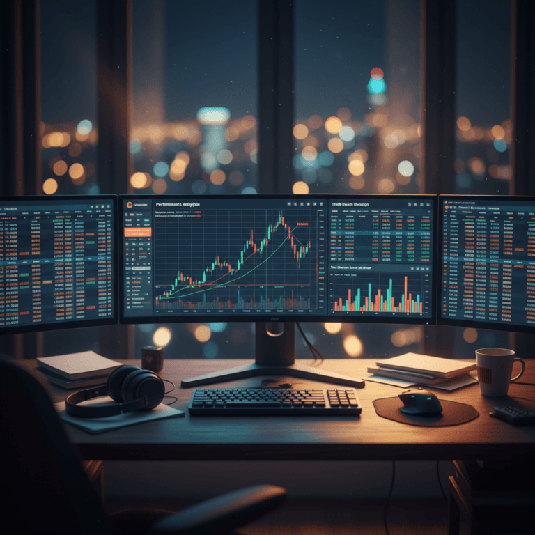 A professional trading desk setup illustrating the concept of the System Quality Number (SQN) with performance charts on display.