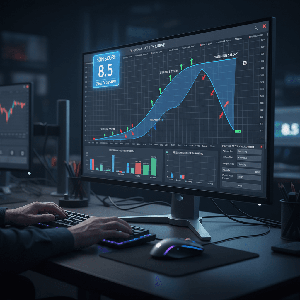 A professional trading dashboard showing a practical application of the System Quality Number (SQN) to analyze a strategy's performance and manage risk.