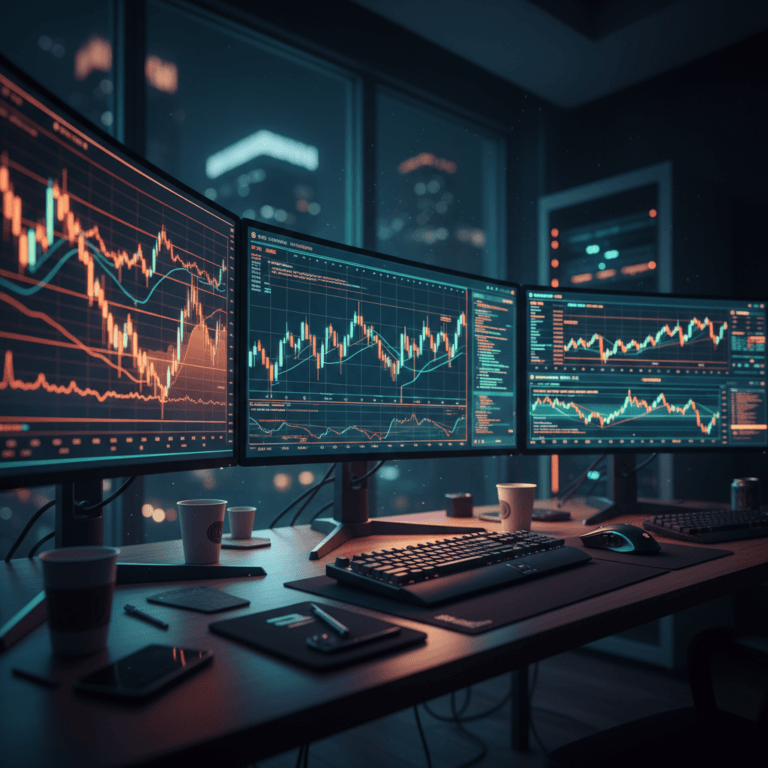 Setup de trading profissional com múltiplos monitores exibindo gráficos de candlestick, representando a aplicação do teste de Monte Carlos algotrading.