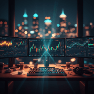 Setup profissional de algotrading exibindo simulações do teste de Monte Carlo em monitores ultrawide, com iluminação cinematográfica para ilustrar a robustez da estratégia.