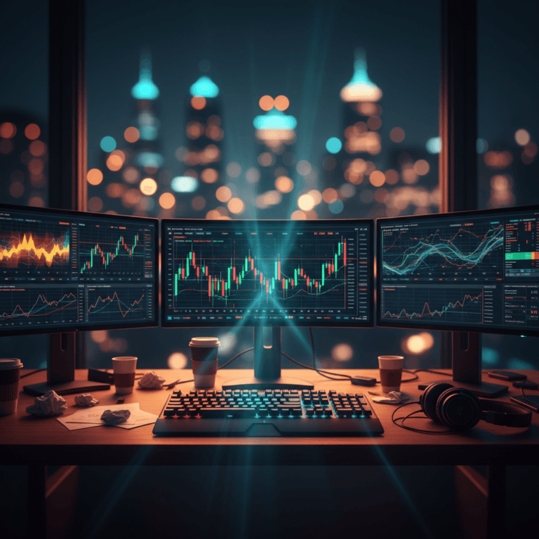 Setup profissional de algotrading exibindo simulações do teste de Monte Carlo em monitores ultrawide, com iluminação cinematográfica para ilustrar a robustez da estratégia.