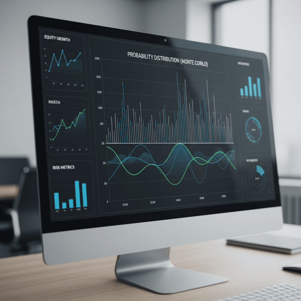 Visualização de dados limpa em um dashboard profissional, mostrando gráficos e resultados de um teste de Monte Carlos algotrading.