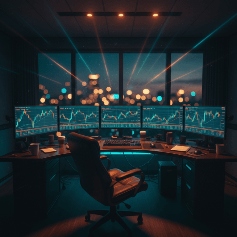 A cinematic view of a professional trading desk setup for walk forward analysis trading, with multiple monitors showing glowing candlestick charts.