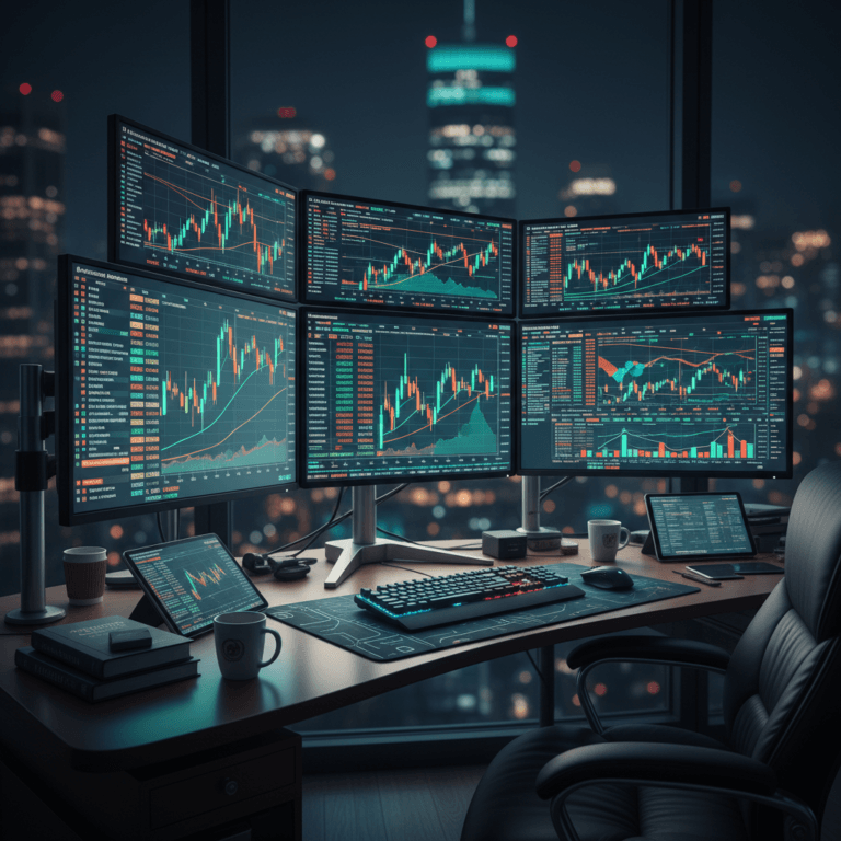Setup de trading cinematográfico com múltiplos monitores exibindo gráficos de candlestick, ilustrando a aplicação de algoritmos de execução TWAP e VWAP no mercado financeiro.