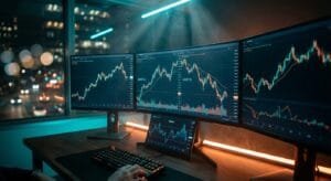 Setup profissional para cointegração pairs trading, com monitores ultrawide exibindo gráficos de candlestick e o Z-score do spread em um ambiente cinematográfico.