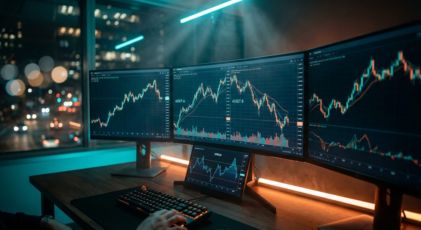 Setup profissional para cointegração pairs trading, com monitores ultrawide exibindo gráficos de candlestick e o Z-score do spread em um ambiente cinematográfico.