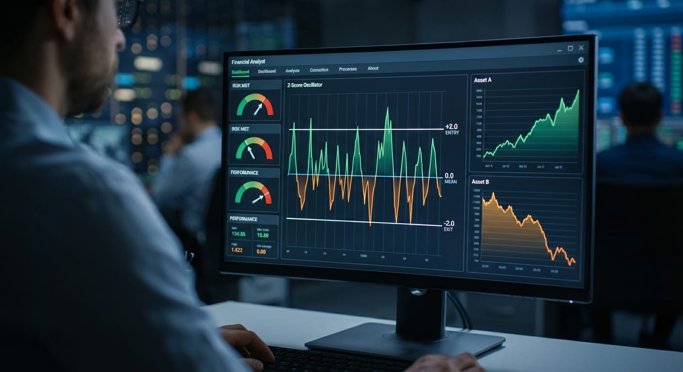 Aplicação prática da cointegração pairs trading em um dashboard profissional, com foco no gráfico Z-Score, anotações e gestão de risco visual.