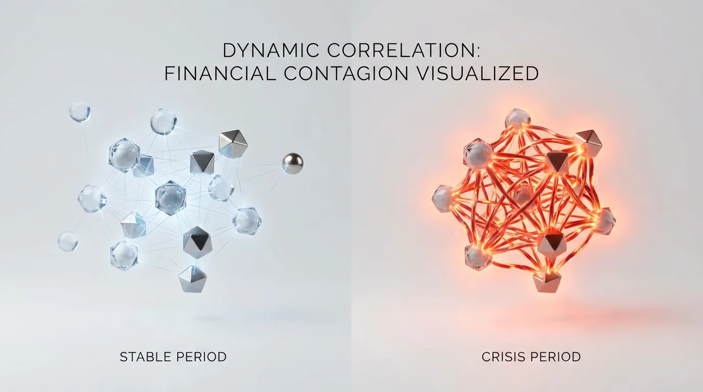 Visualização conceitual da correlação dinâmica, mostrando como a conexão entre ativos financeiros se intensifica em uma crise.