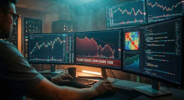 Setup de algo-trading profissional ilustrando a correlação dinâmica em períodos de crise, com monitores exibindo gráficos voláteis.