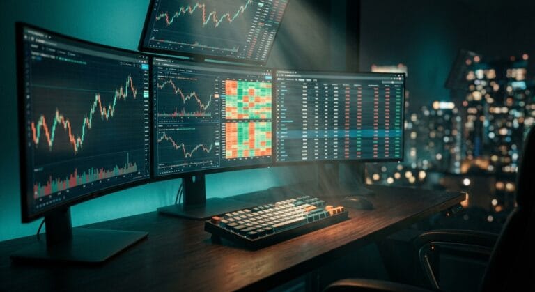 Setup cinematográfico de uma estação de cross sectional momentum trading com monitores ultrawide exibindo gráficos quantitativos.