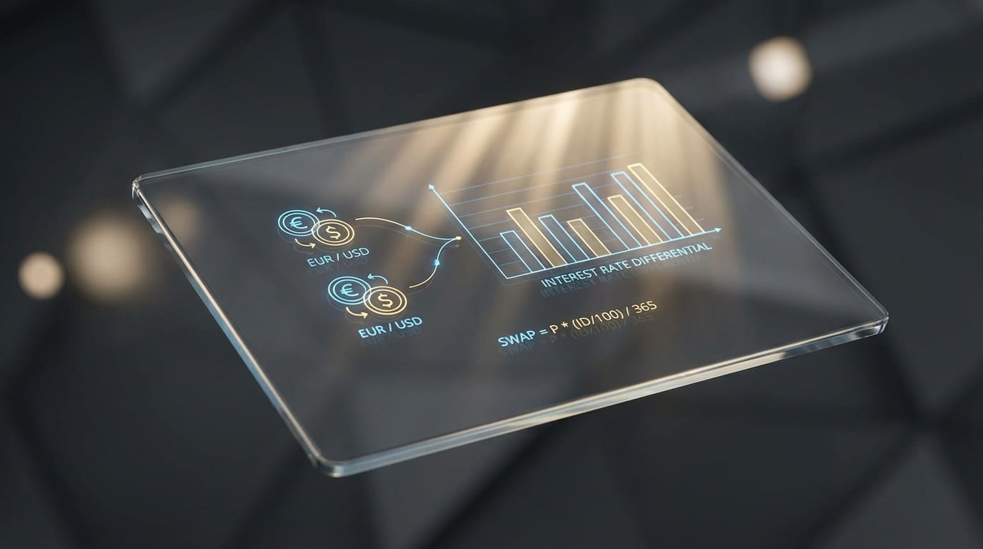 Visualização conceitual do custo de swap em algotrading, mostrando a relação entre rollover e diferenciais de juros em um infográfico clean e premium.