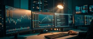 Setup profissional para análise do custo de swap algotrading, com múltiplos monitores exibindo gráficos de candlestick em um ambiente com iluminação cinematográfica.