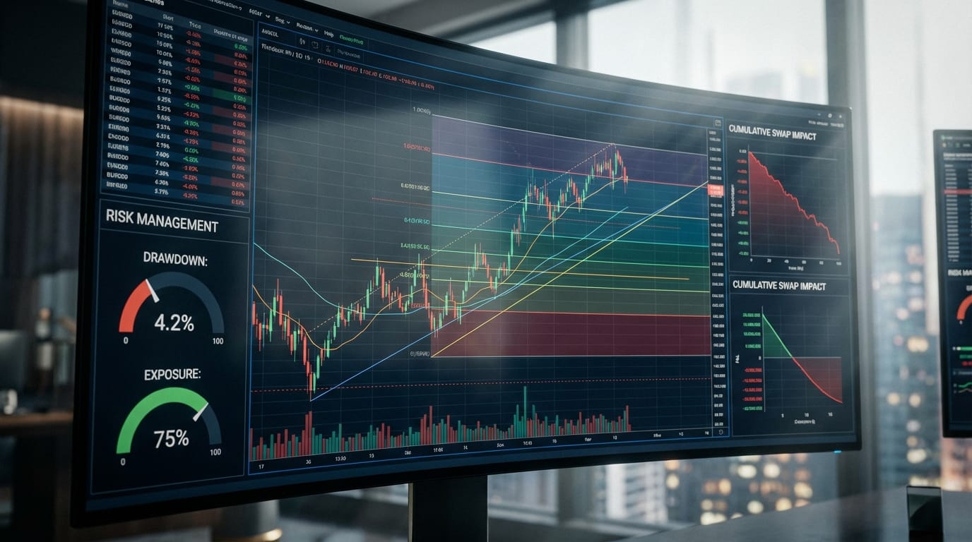 Aplicação prática da gestão de risco, mostrando um dashboard profissional que analisa o impacto do custo de swap algotrading em um backtest real.