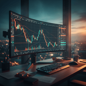 Setup de trading cinematográfico com monitores exibindo gráficos em queda, ilustrando o ambiente onde ocorre a decadência de alpha em estratégias de trading.
