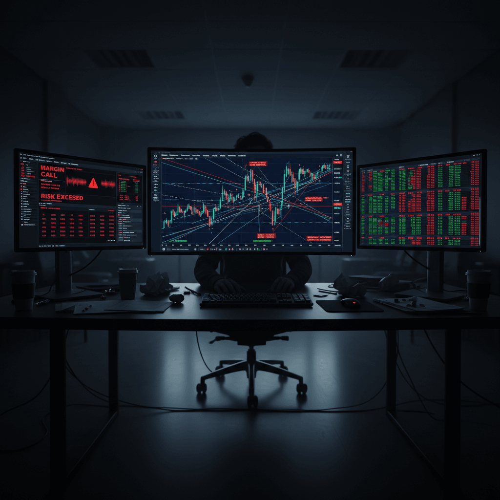 Dashboard de análise financeira mostrando gráficos com anotações e alertas de risco, representando a aplicação prática de identificar e gerenciar a decadência de alpha em uma estratégia de trading.