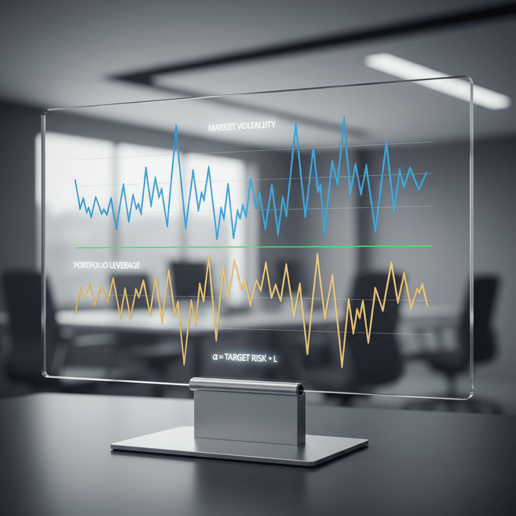 Visualização conceitual da estratégia de volatility targeting, mostrando gráficos que ajustam a alavancagem dinamicamente em resposta à volatilidade do mercado.