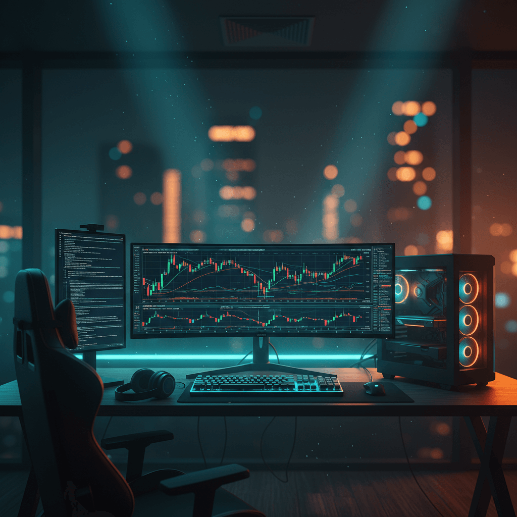 Setup de algotrading profissional ilustrando a aplicação da estratégia de volatility targeting em monitores de alta resolução.