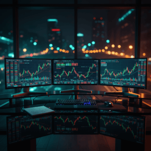 Setup de trading cinematográfico com múltiplos monitores exibindo gráficos, ilustrando os diversos graus de liberdade no trading.