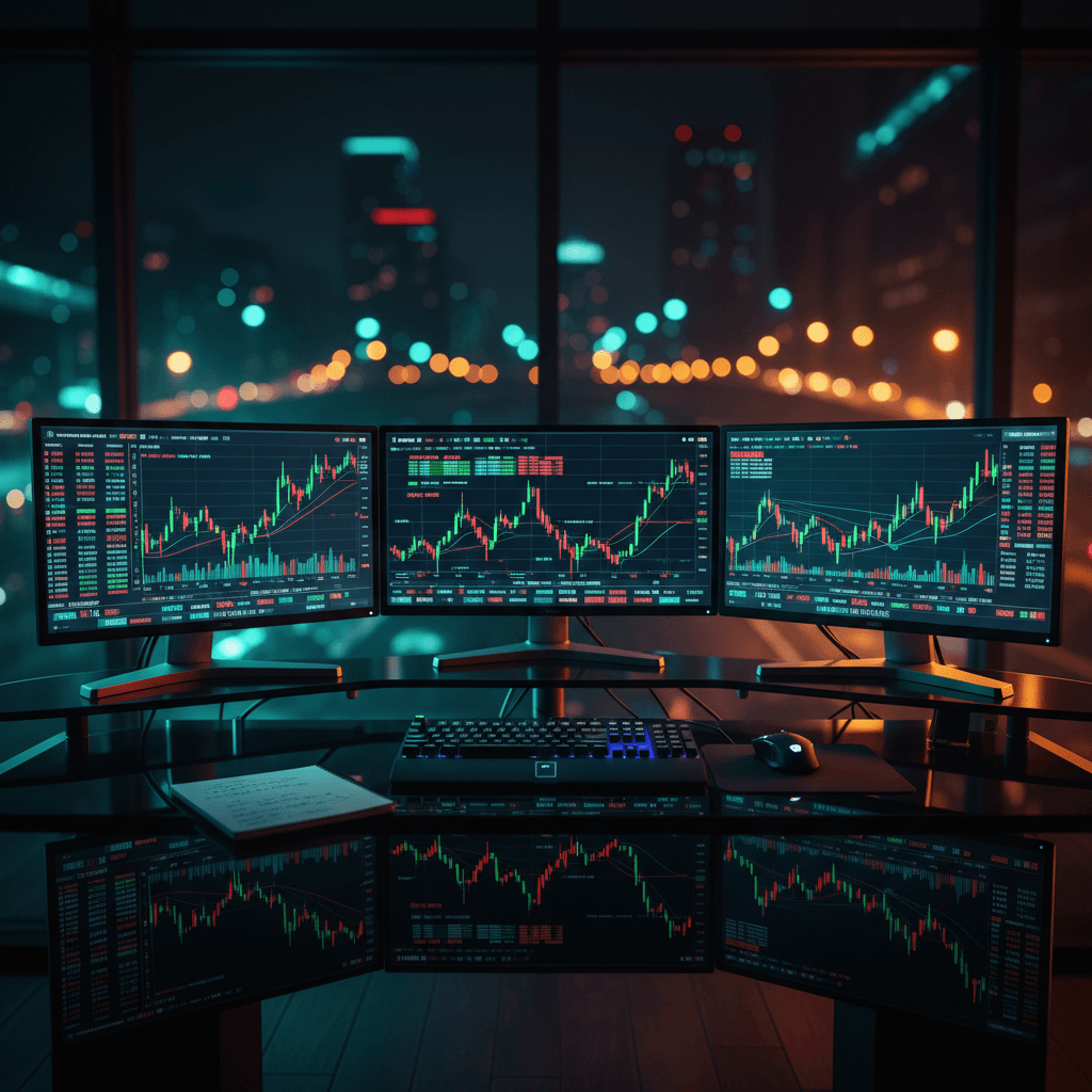 Setup de trading cinematográfico com múltiplos monitores exibindo gráficos, ilustrando os diversos graus de liberdade no trading.