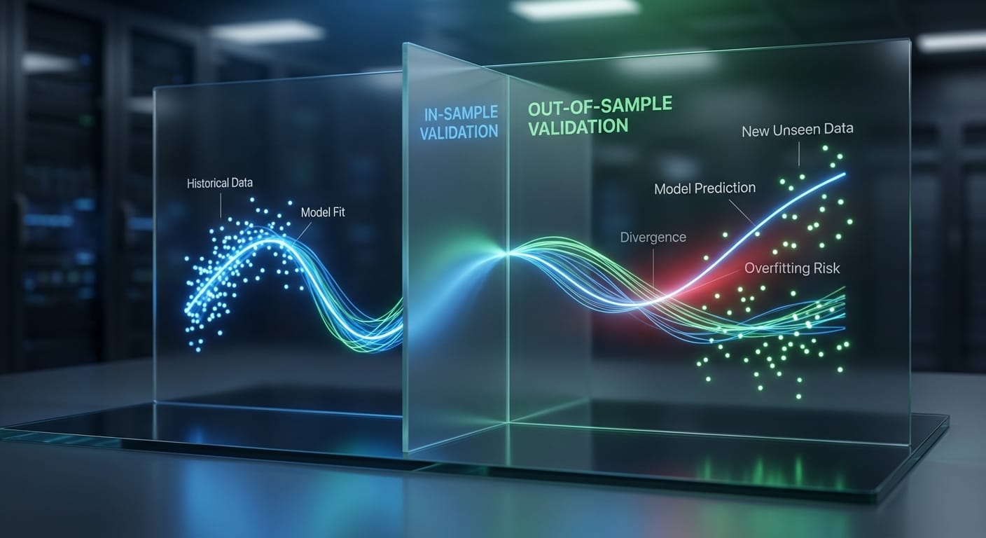 Visualização de conceito financeiro mostrando a divisão de dados para teste in-sample e validação out-of-sample, fundamental para evitar overfitting em modelos de trading.