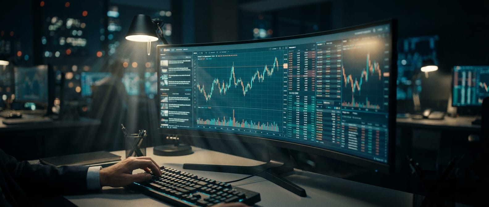 Setup profissional para trading algorítmico, ilustrando a complexidade da validação in-sample out-of-sample trading em múltiplos monitores.