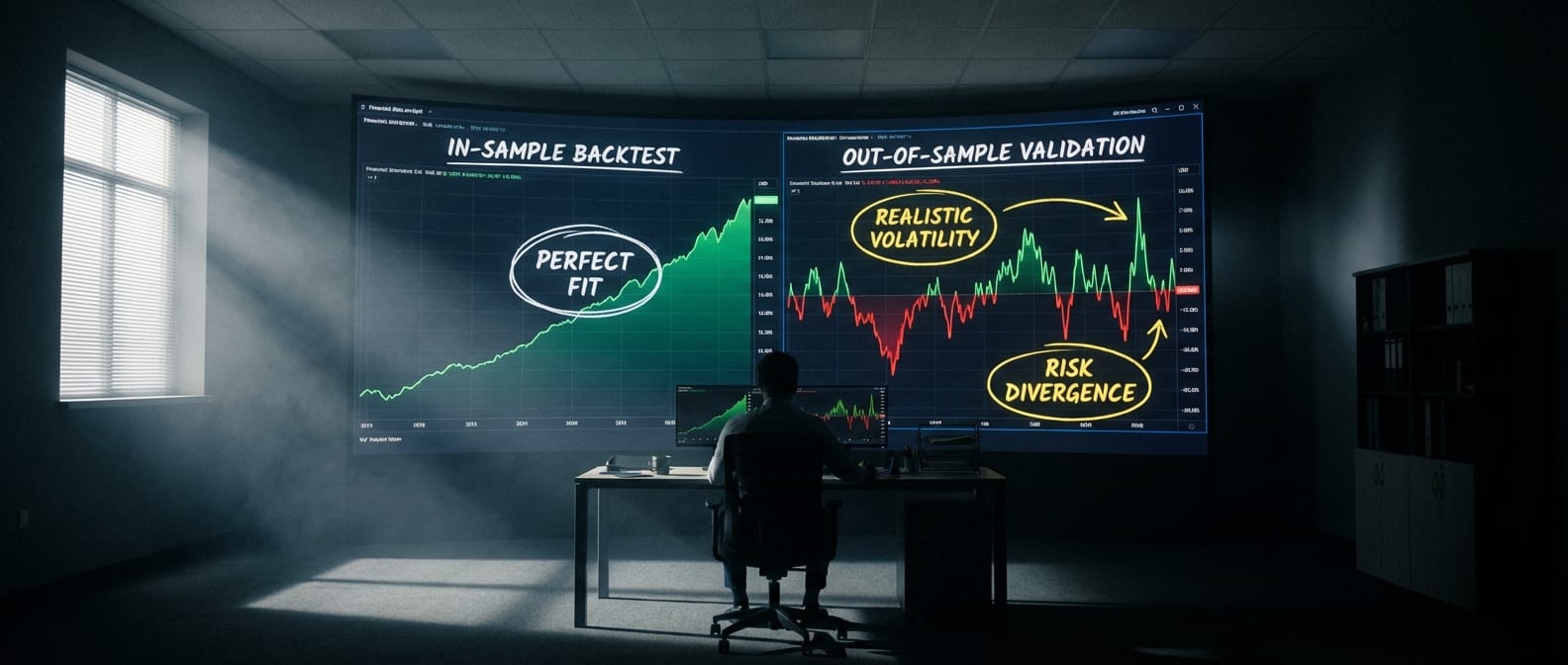 Dashboard profissional exibindo a aplicação prática da validação in-sample out-of-sample trading, com gráficos anotados comparando resultados de backtest e dados futuros.