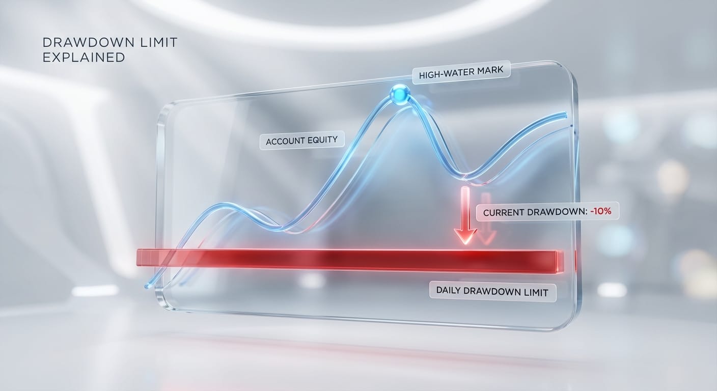 Visualização conceitual em 3D que explica o limite de drawdown diário, mostrando a relação entre o pico de capital (High-Water Mark) e a linha de perda máxima permitida.