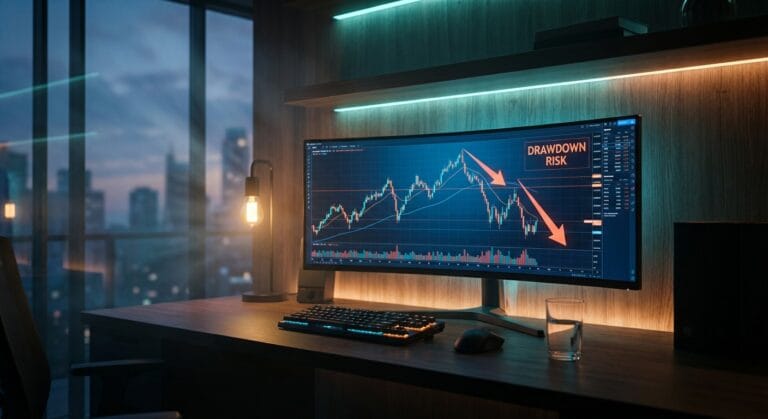 Setup de trading profissional com monitores exibindo gráficos de mercado, ilustrando o ambiente onde o controle do limite de drawdown diário e intradiário é crucial.