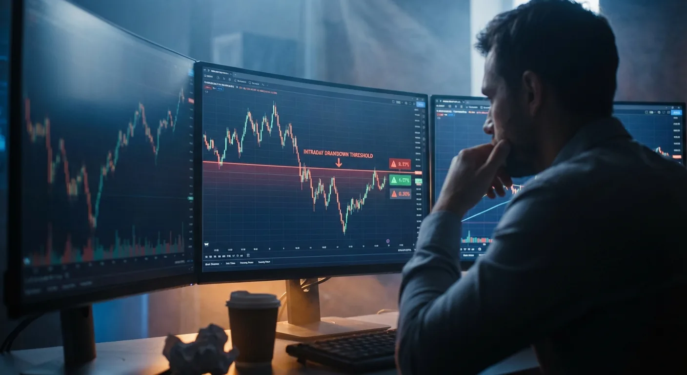 Dashboard de trader mostrando a aplicação prática do limite de drawdown intradiário em um gráfico, com uma linha de risco visível para gestão de perdas em tempo real.