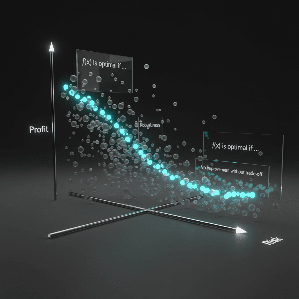 Visualização conceitual da Fronteira de Pareto, um pilar da otimização multiobjetivo, mostrando o equilíbrio ideal entre lucro, risco e robustez em um gráfico 3D.