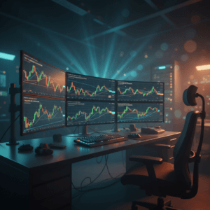 Setup de trading profissional cinematográfico ilustrando a otimização multiobjetivo em trading, com monitores ultrawide exibindo gráficos complexos.