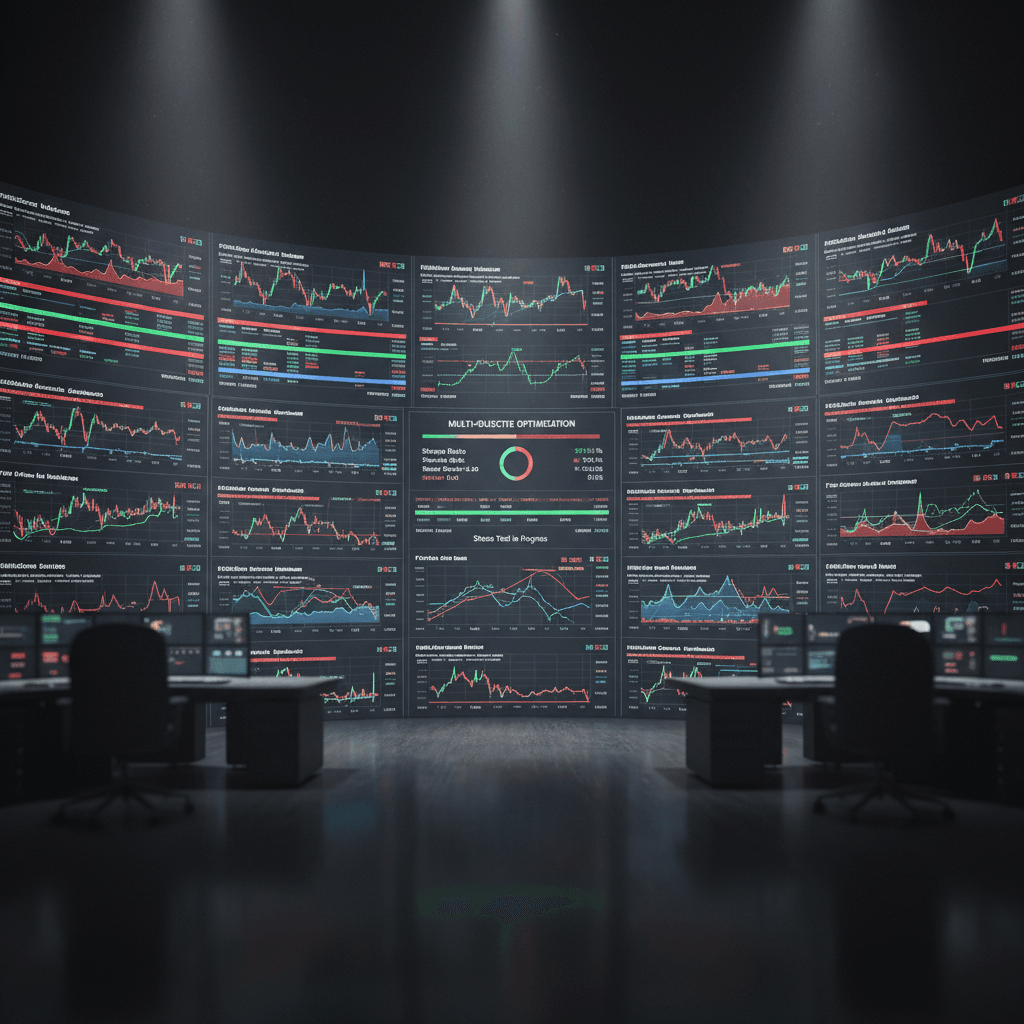Aplicação prática da otimização multiobjetivo em um dashboard de trading avançado, com gráficos anotados e ferramentas visuais de gestão de risco.