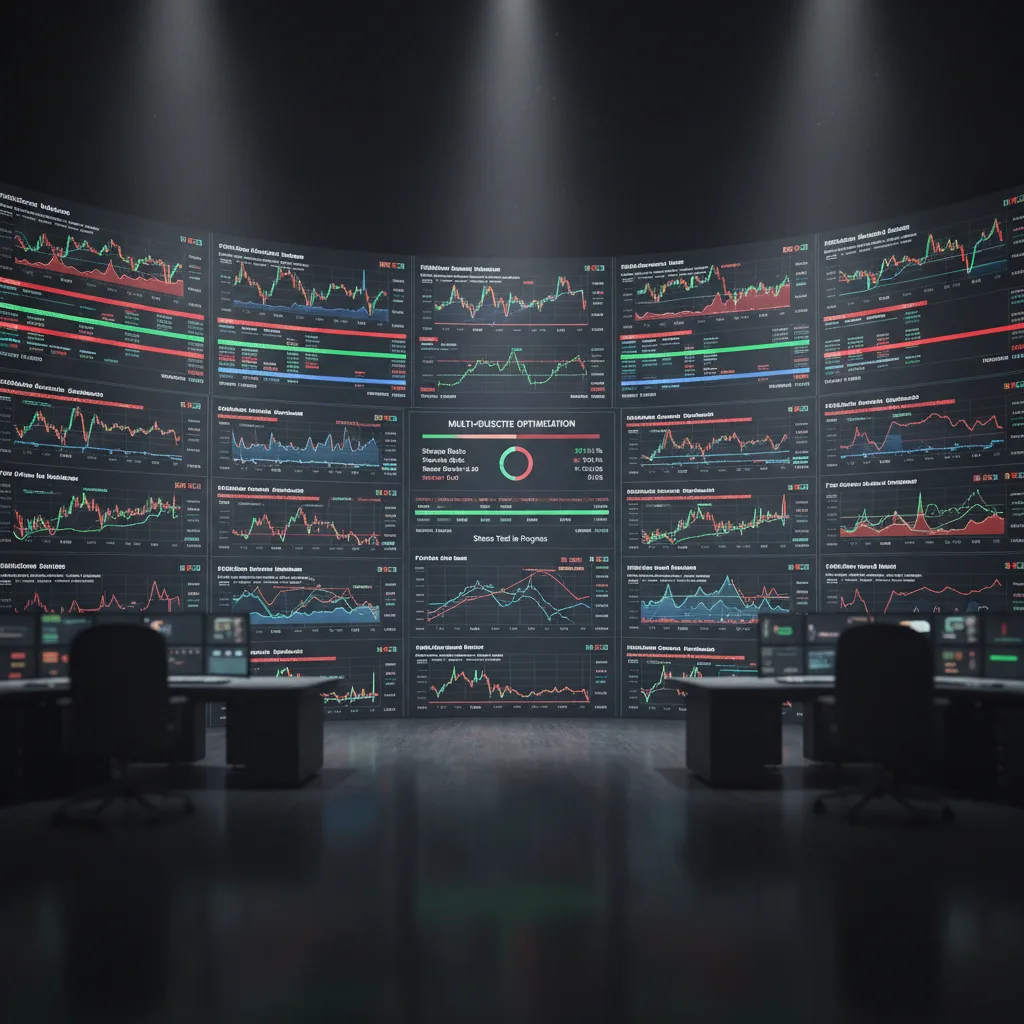 Aplicação prática da otimização multiobjetivo em um dashboard de trading avançado, com gráficos anotados e ferramentas visuais de gestão de risco.