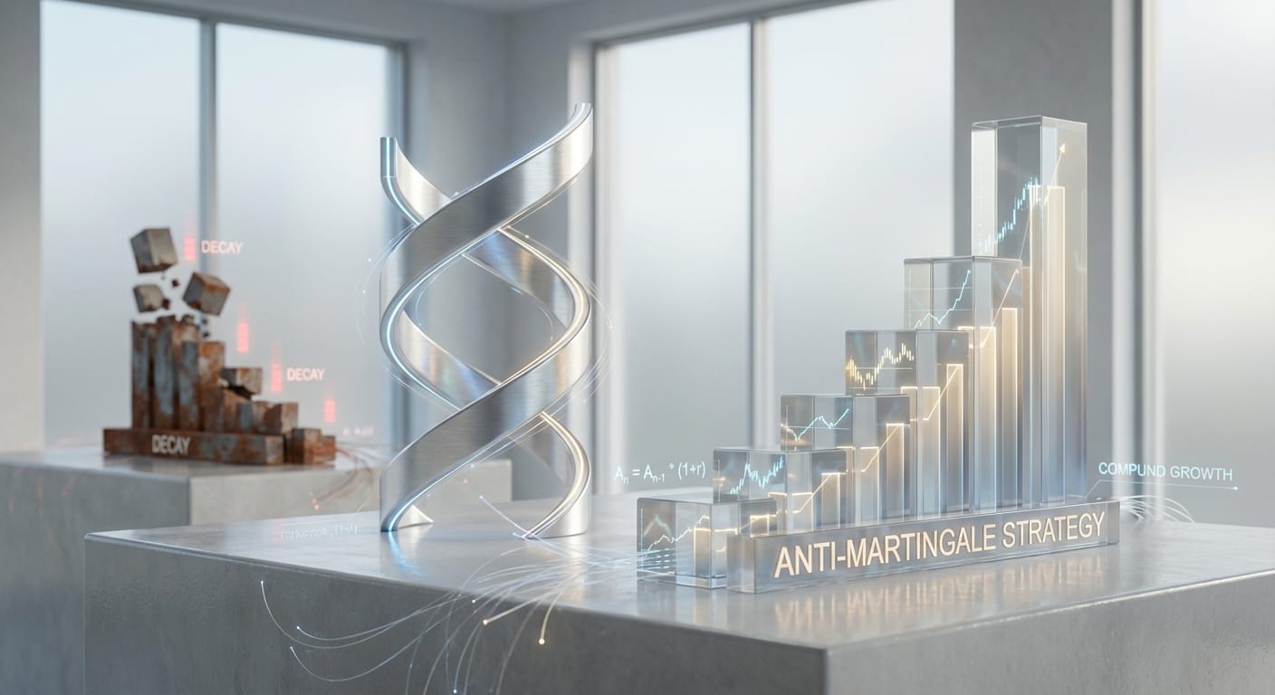Conceptual visualization comparing the capital growth of an Anti-Martingale strategy against the risk of ruin, using abstract data blocks.