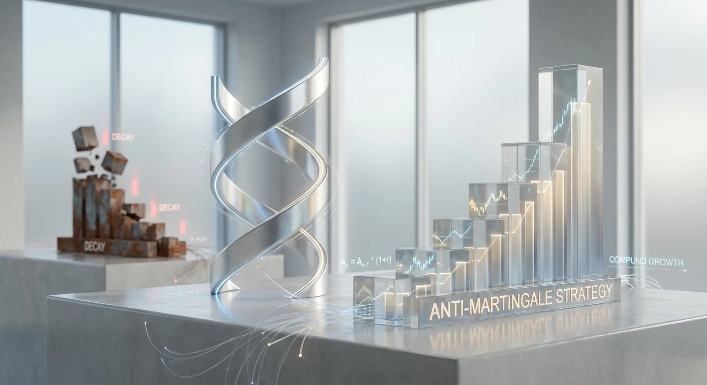 Conceptual visualization comparing the capital growth of an Anti-Martingale strategy against the risk of ruin, using abstract data blocks.