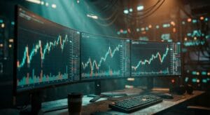 A professional trading desk showcasing a position sizing anti-martingale strategy on ultrawide monitors with cinematic lighting.