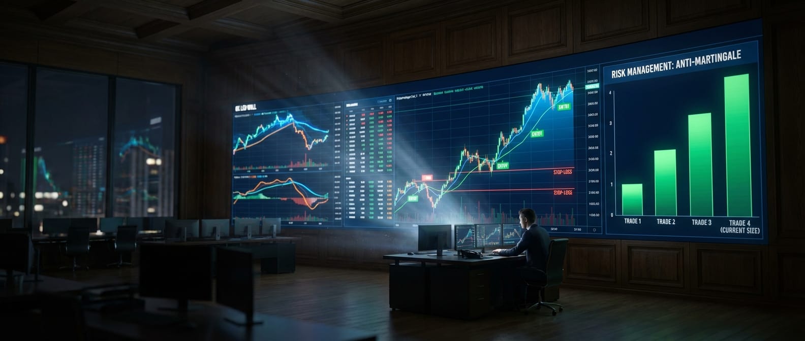 A practical application of risk management on a professional trading dashboard, with charts showing annotated entry points and a visualizer for dynamic position sizing.