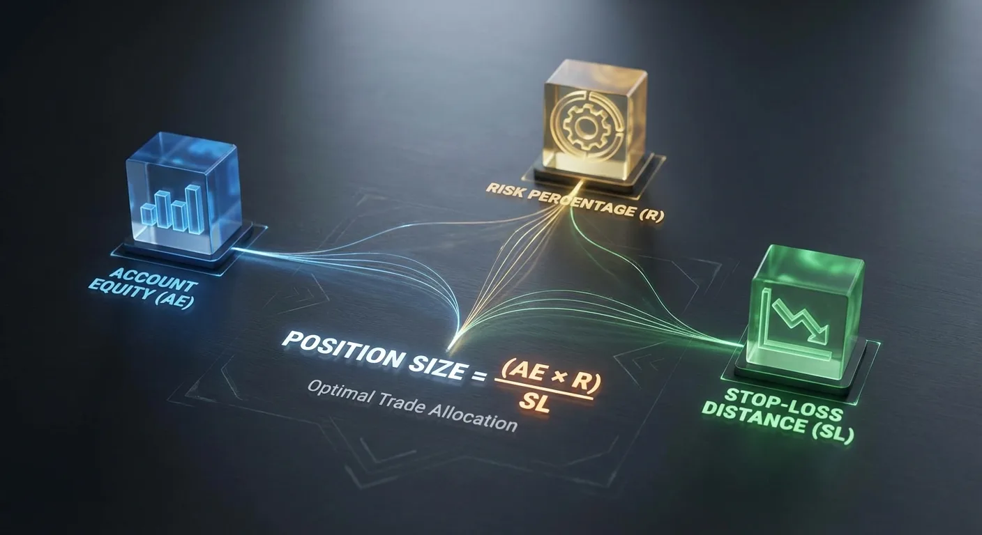 Visualização conceitual da fórmula de position sizing com risco percentual fixo, mostrando os componentes de capital e risco de forma clean.