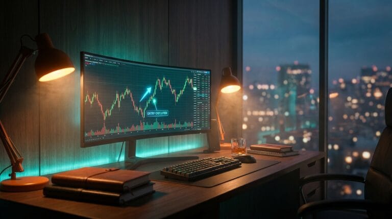 Setup de trading profissional cinematográfico ilustrando a aplicação de position sizing com risco percentual fixo em monitores de alta resolução.