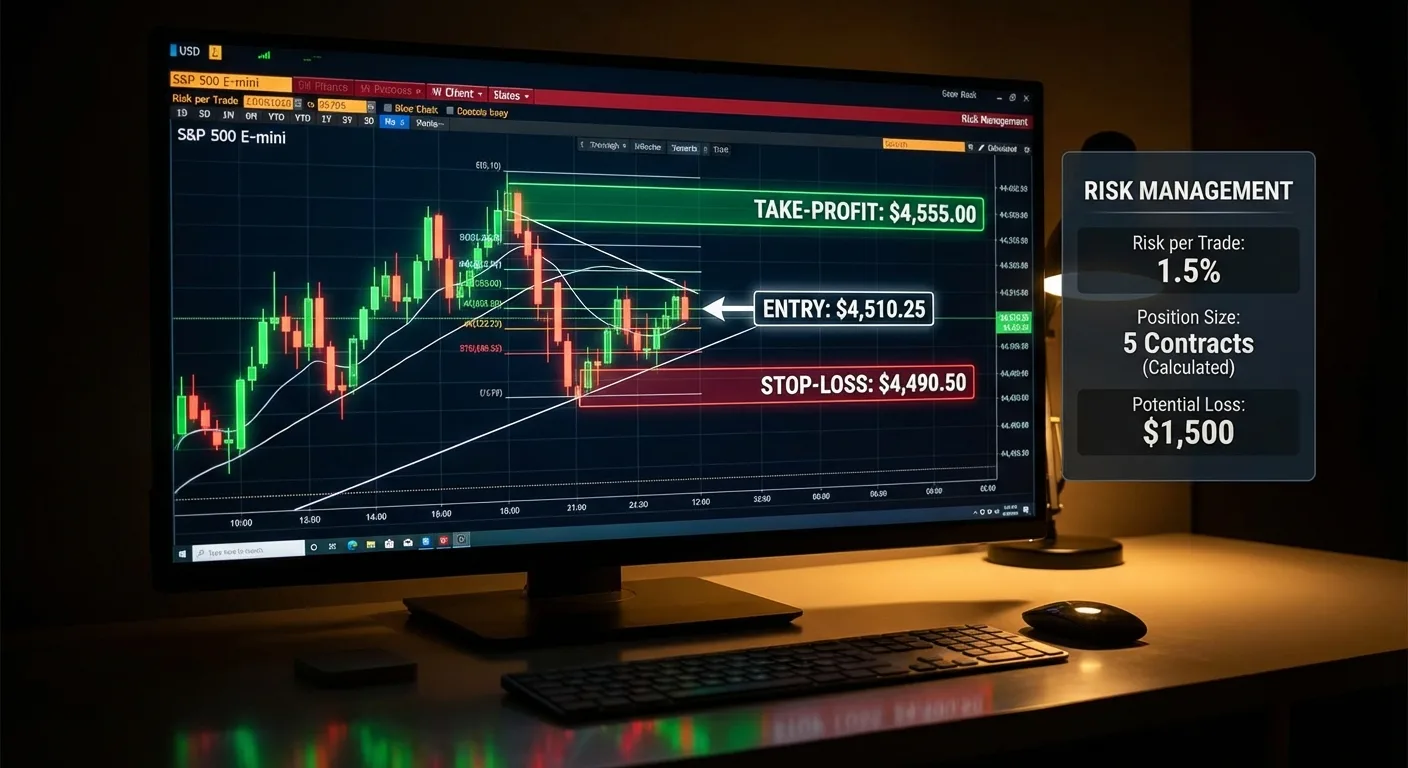Aplicação prática de position sizing com risco percentual fixo em um dashboard profissional, com gestão de risco visualmente demarcada no gráfico.