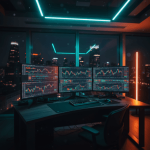 Setup de trading profissional com monitores exibindo gráficos para o rebalanceamento de portfólio de robôs, em um ambiente cinematográfico.