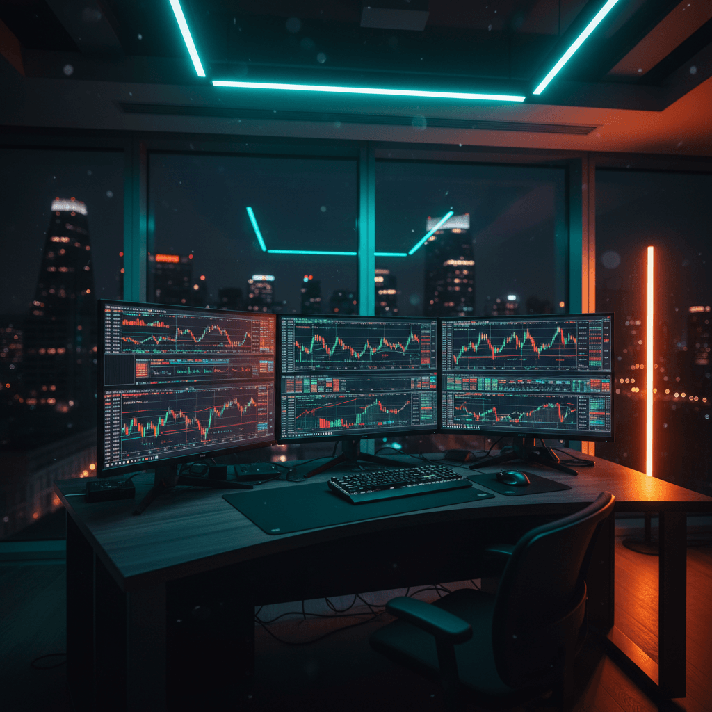Setup de trading profissional com monitores exibindo gráficos para o rebalanceamento de portfólio de robôs, em um ambiente cinematográfico.