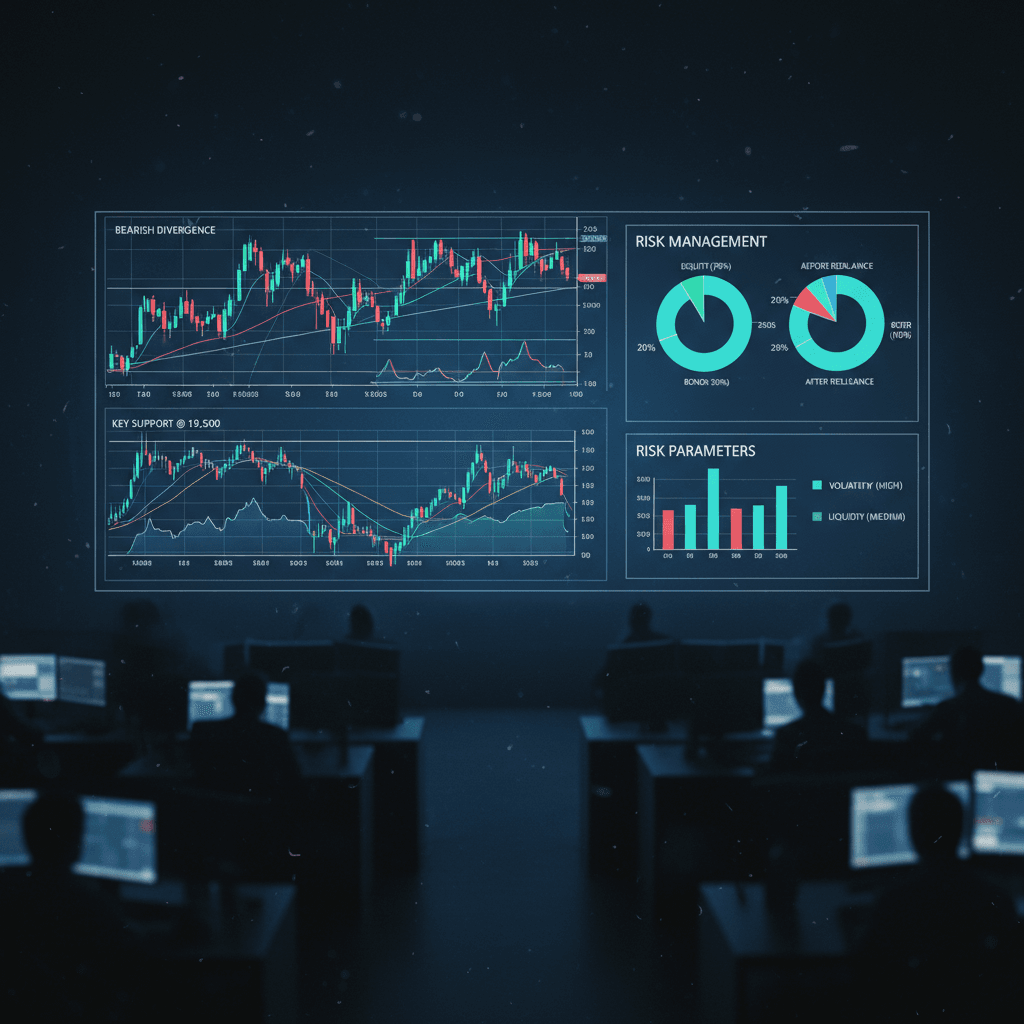 Dashboard profissional exibindo a aplicação prática do rebalanceamento de portfólio de robôs, com gráficos de mercado, anotações técnicas e gestão de risco visual.