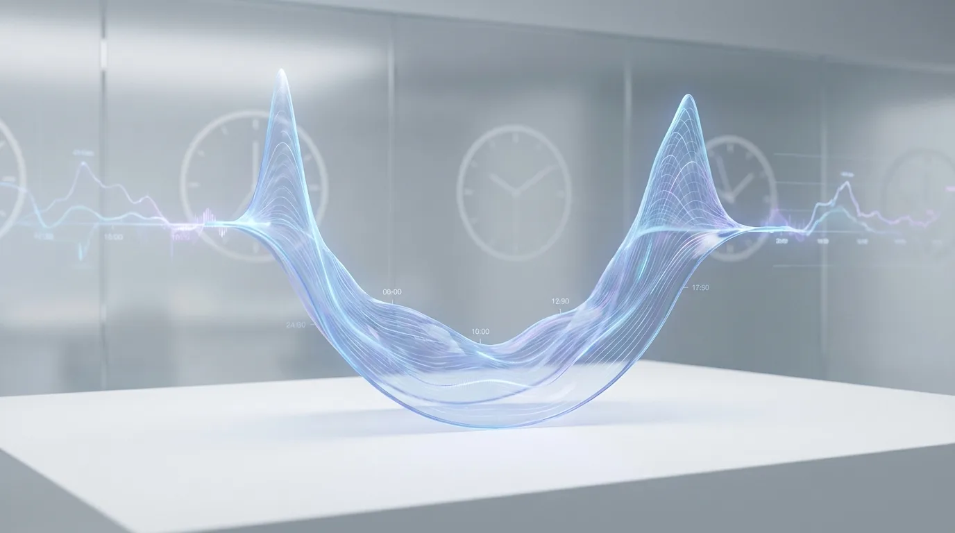 Visualização conceitual da Curva em U da sazonalidade intradiária, representada por um gráfico 3D limpo e elegante sobre um fundo minimalista.