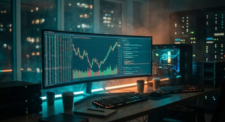 Setup profissional de algotrading com monitores exibindo gráficos de sazonalidade intradiária algotrading, mostrando a curva de volume em U em um ambiente cinematográfico.