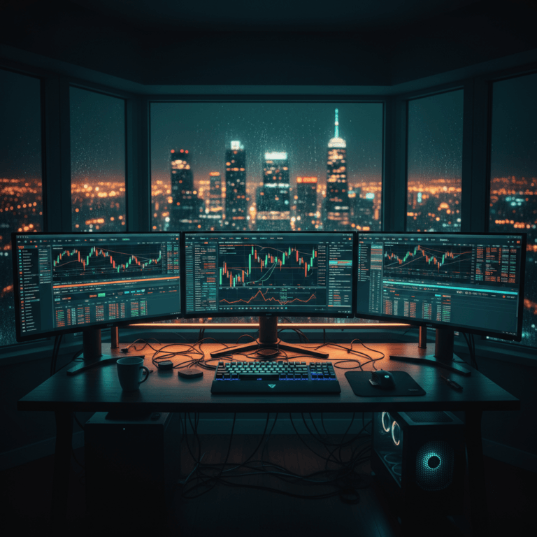 Setup de trading cinematográfico com monitores exibindo gráficos de candlestick, representando a análise de sazonalidade intradiária para algotrading.