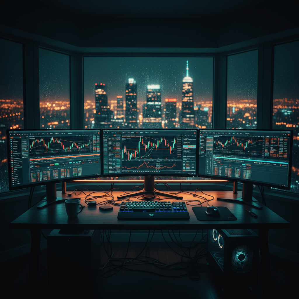Setup de trading cinematográfico com monitores exibindo gráficos de candlestick, representando a análise de sazonalidade intradiária para algotrading.